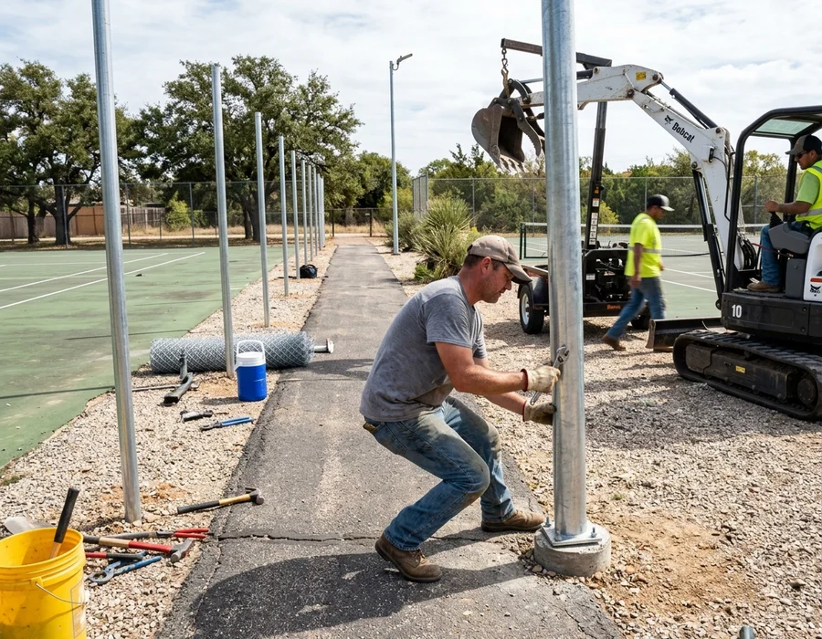 Crew installing lighting poles and fencing along a shared walkway