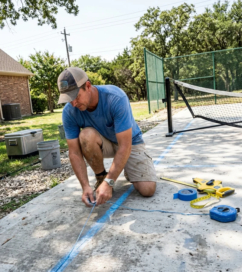 Crew member marking the non-volley zone line on a freshly surfaced pickleball court