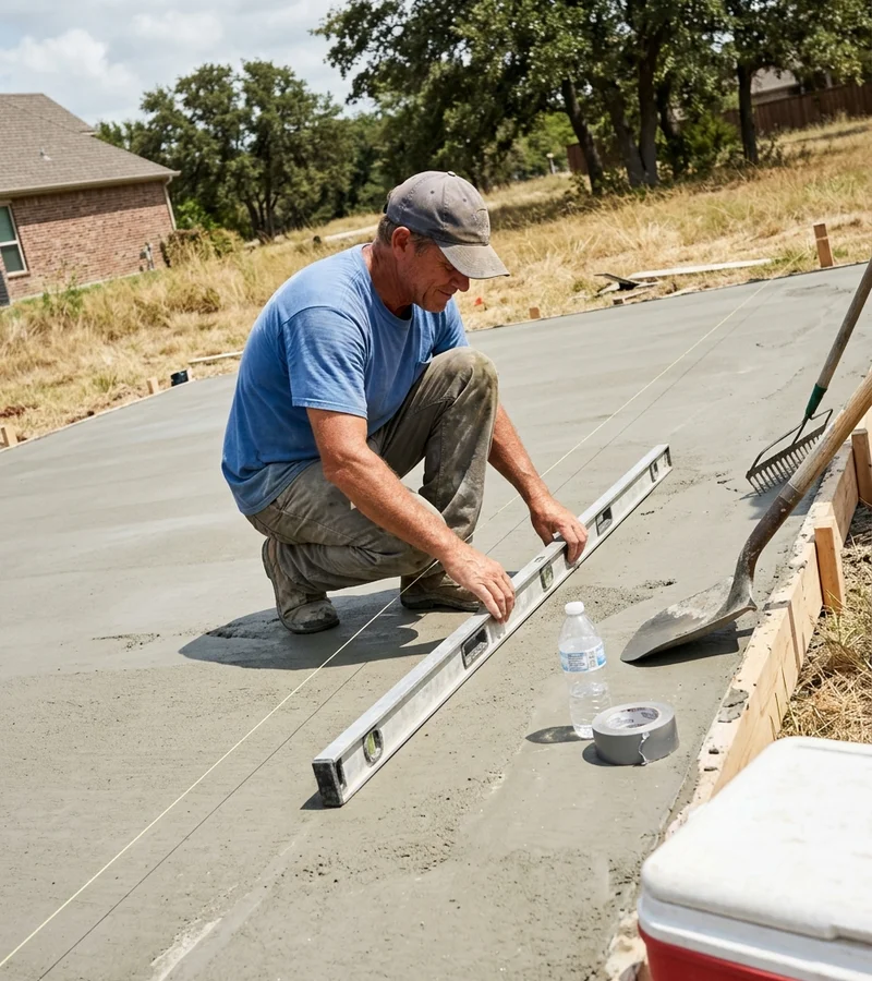 Crew member checking cross-slope across a freshly screeded tennis court slab