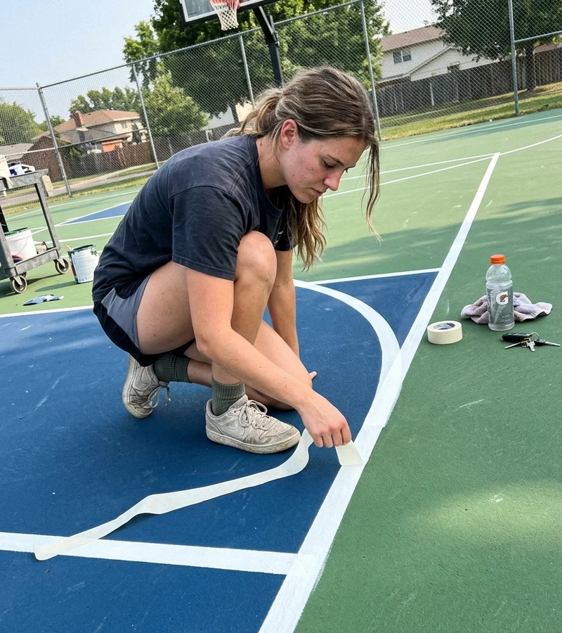 Crew member revealing a contrasting pickleball line laid over a basketball key