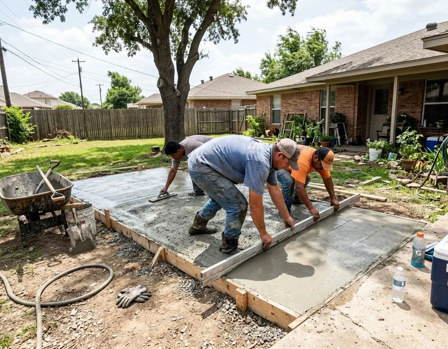 Crew members screeding wet concrete across a formed court pad