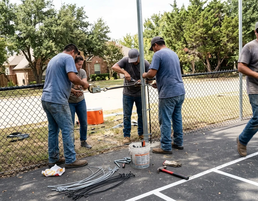 Crew stretching vinyl-coated fence fabric along court fence posts
