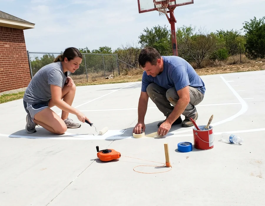 Crew painting the three-point arc and key on a new basketball slab