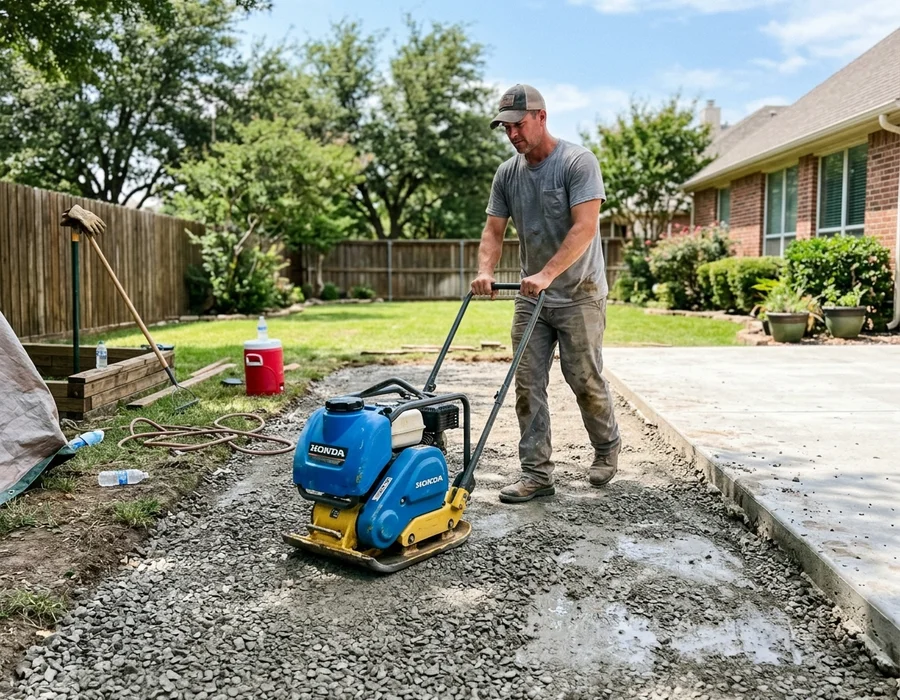 Crushed aggregate sub-base being compacted before turf installation