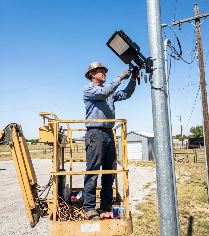 Electrician aiming a forward-throw LED court luminaire on a galvanised pole