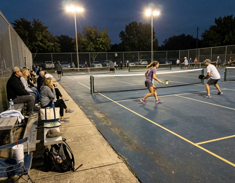 Evening league play on a lit community pickleball complex