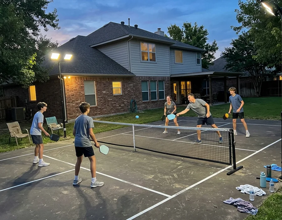 Family playing doubles on a lit backyard pickleball court at dusk