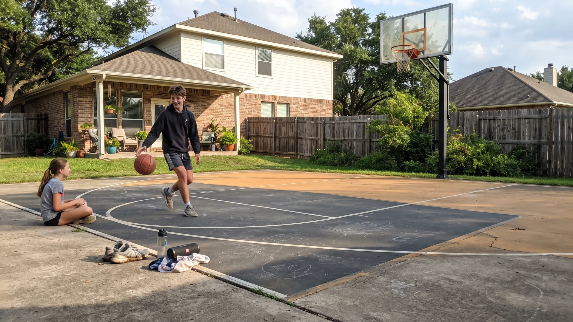 Finished backyard half-court basketball court with in-ground hoop behind a North Texas home