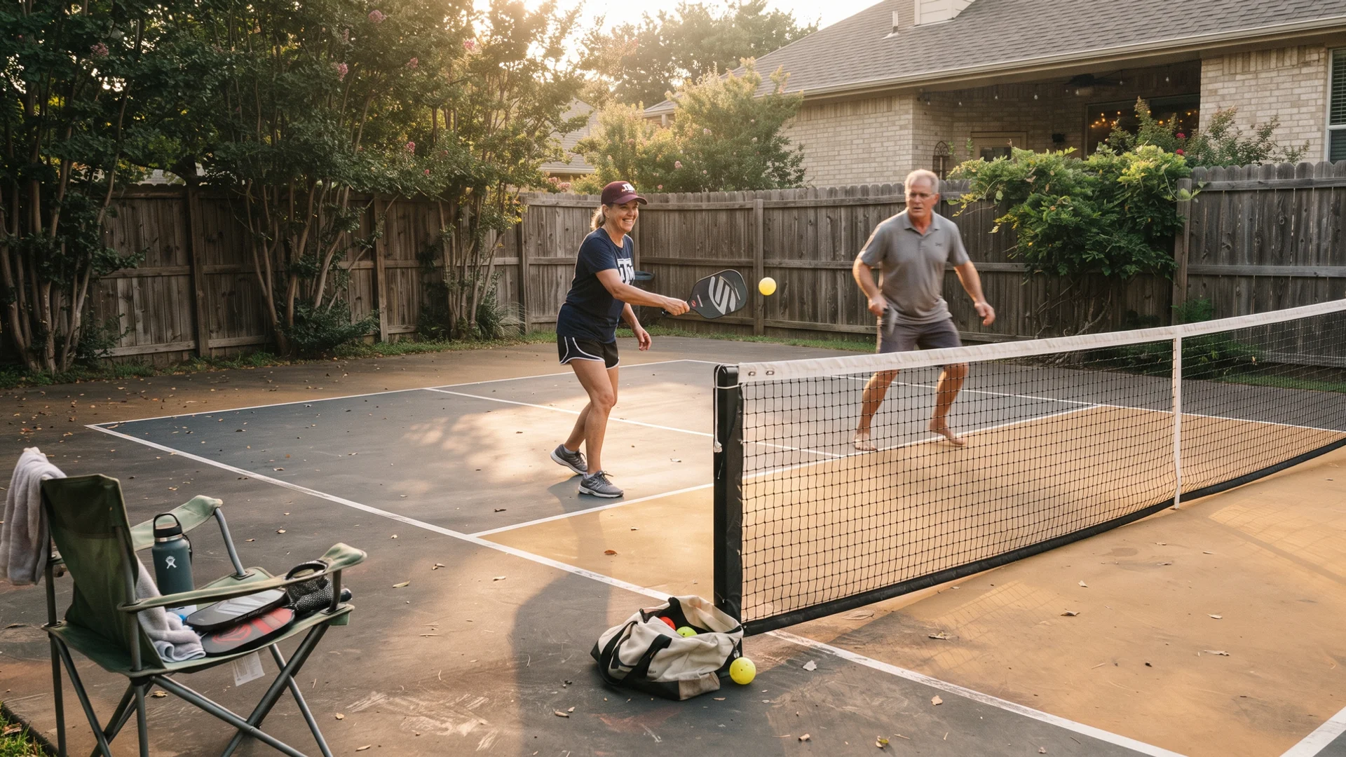 Completed backyard pickleball court behind a North Texas home at golden hour