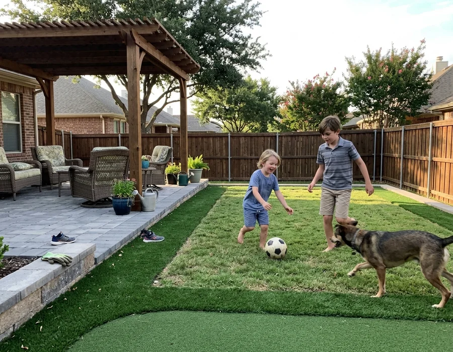 Finished backyard with turf surround, court, and seating area