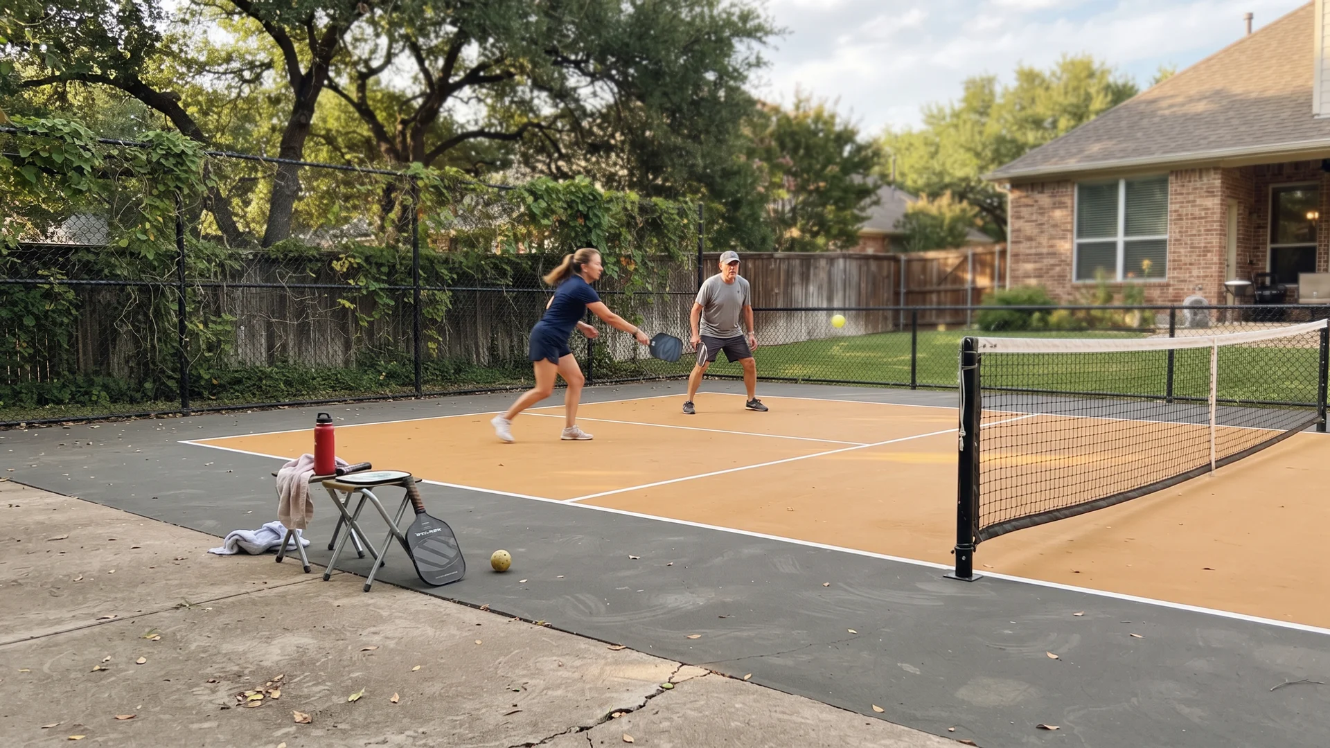 Finished regulation backyard pickleball court behind a Dallas home in late afternoon light