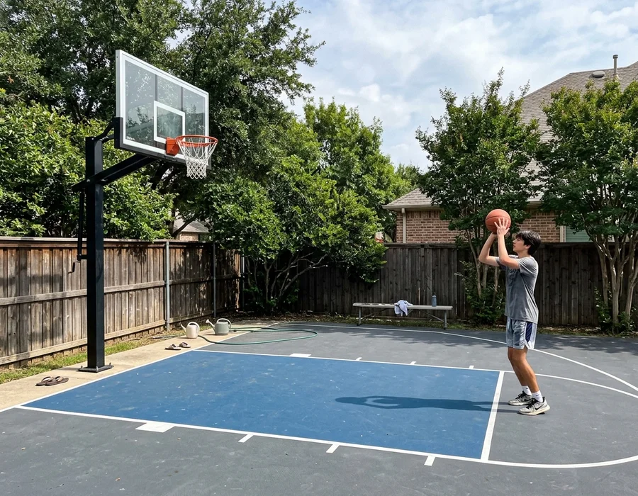 Half-court basketball build with glass backboard in Southlake, TX