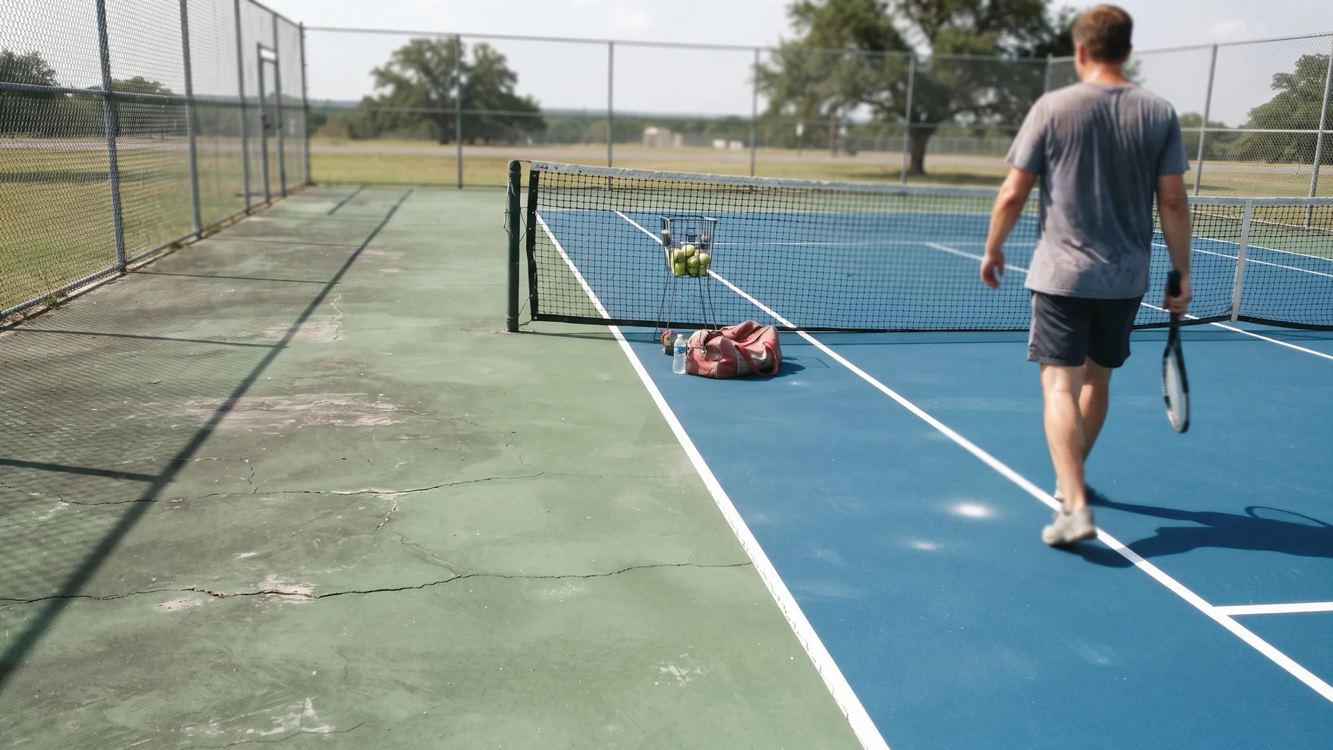 Court part-way through resurfacing, with the old faded surface beside fresh acrylic