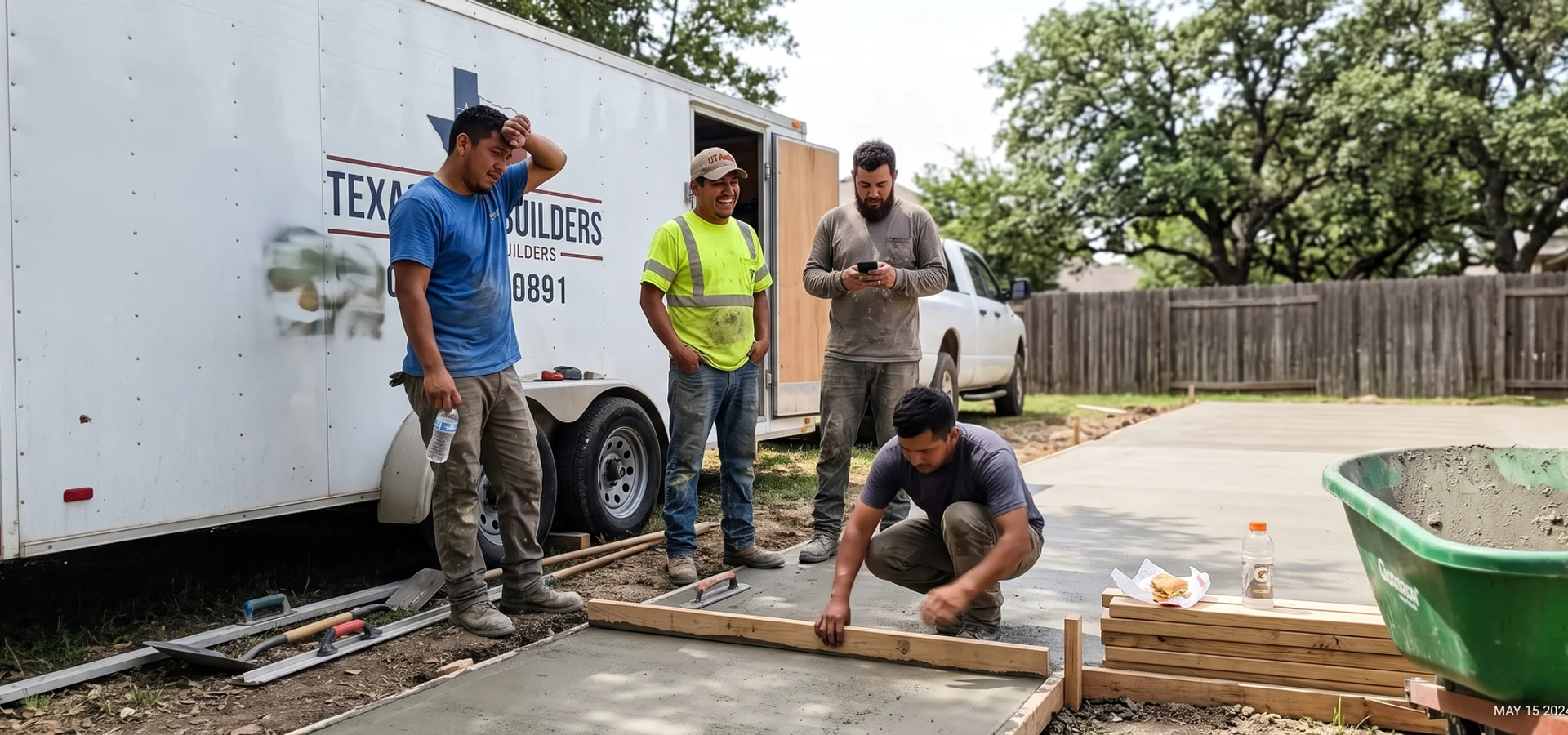The in-house crew beside a work trailer at a Texas court jobsite