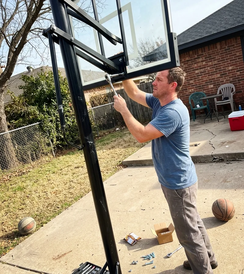 Installer fitting a tempered-glass backboard to an in-ground basketball goal