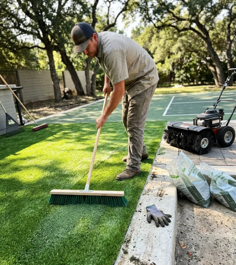 Installer brushing infill into freshly laid artificial turf beside a court edge
