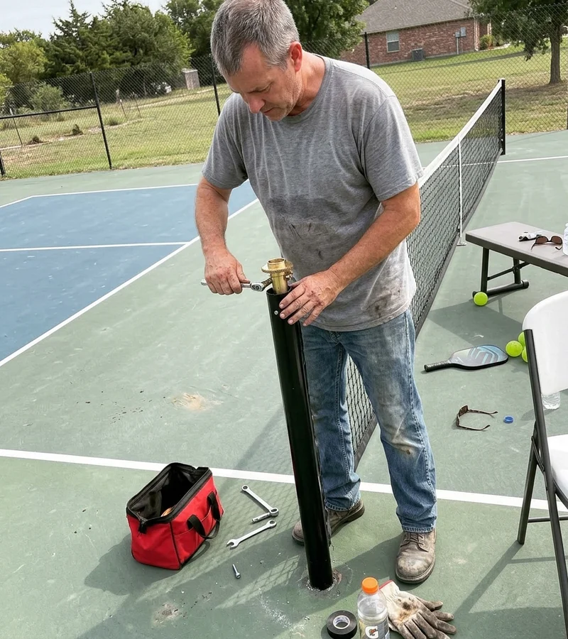 Installer fitting a brass internal-wind tensioner into a net post