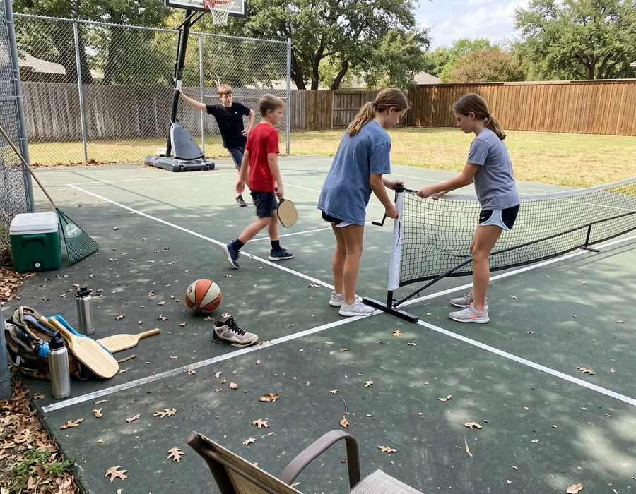 Children switching sports on a backyard multi-sport court