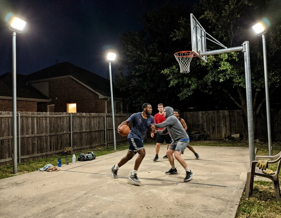 Lit backyard court with LED floodlighting in Allen, TX