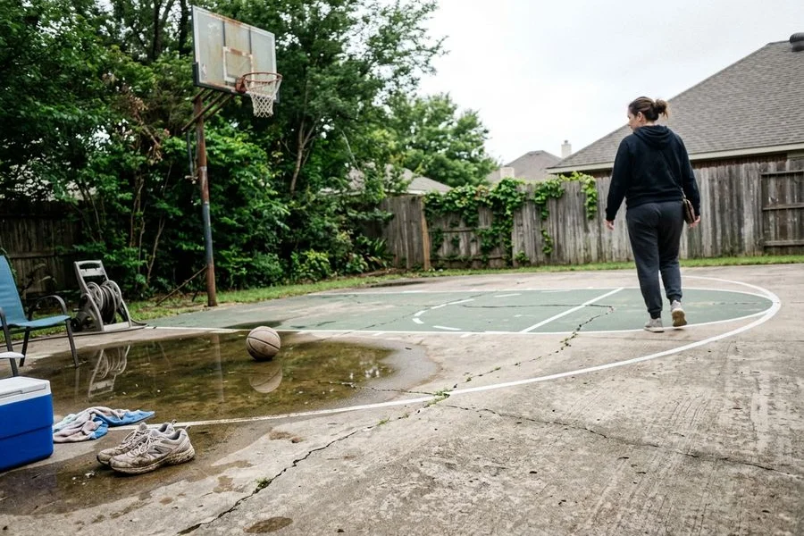 Cracked older backyard sport court with standing water pooled in a low spot