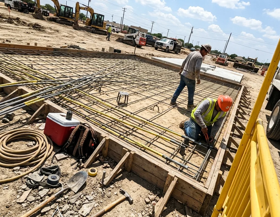 Post-tension cables laid before the pour on a Dallas jobsite