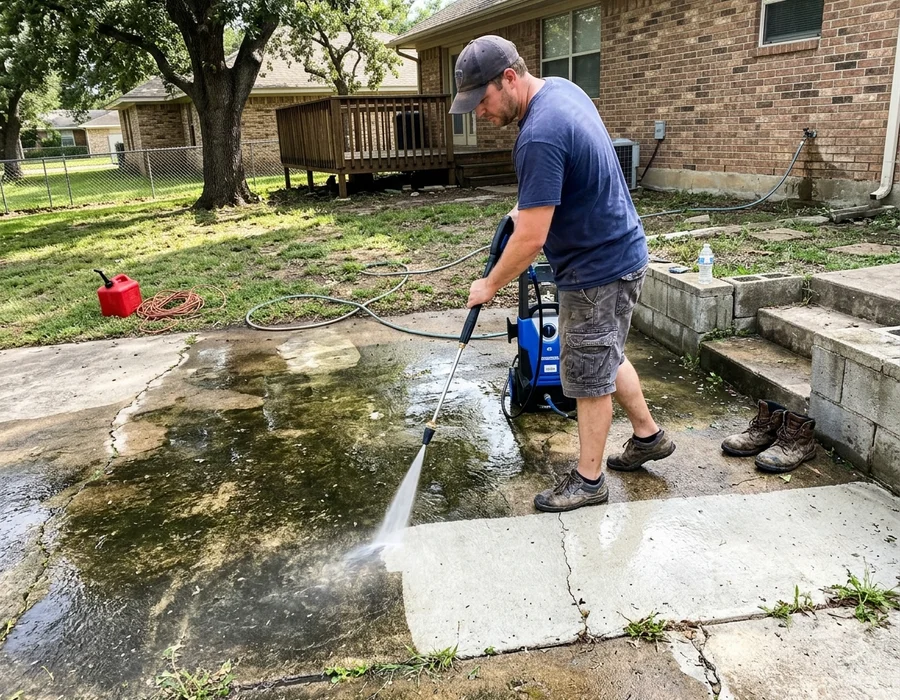 Pressure washing years of buildup from an older court surface