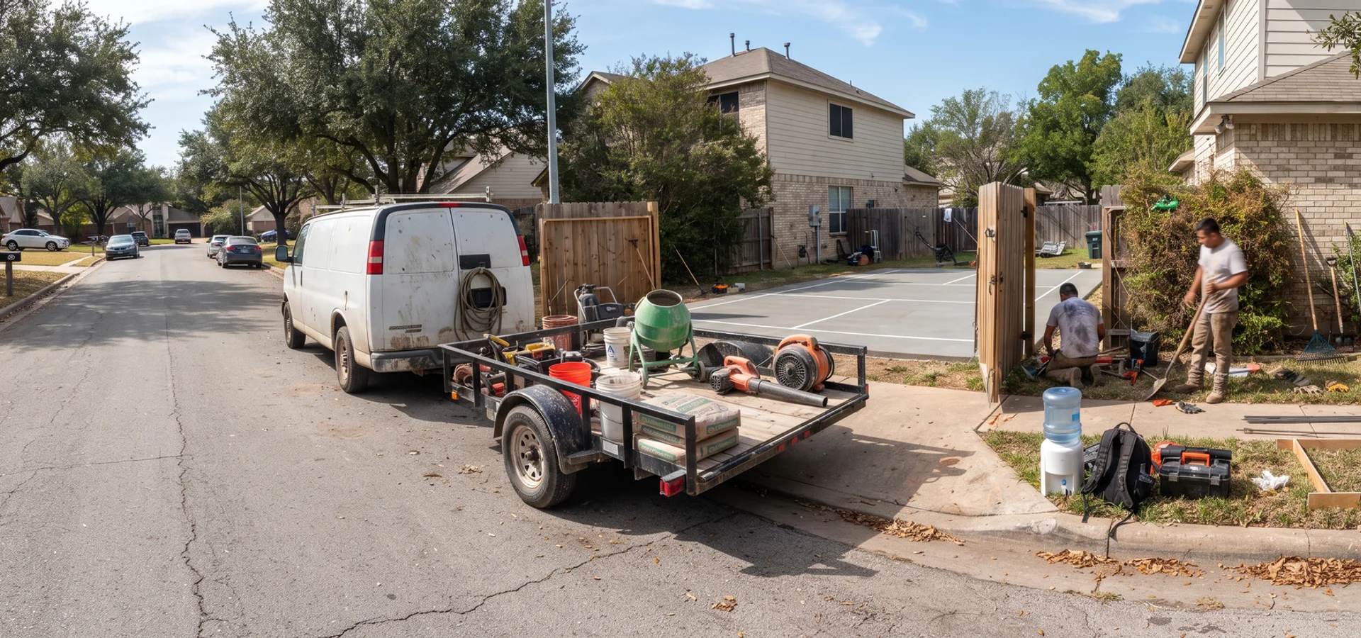 Crew vehicle parked in a North Texas suburban street during a court build