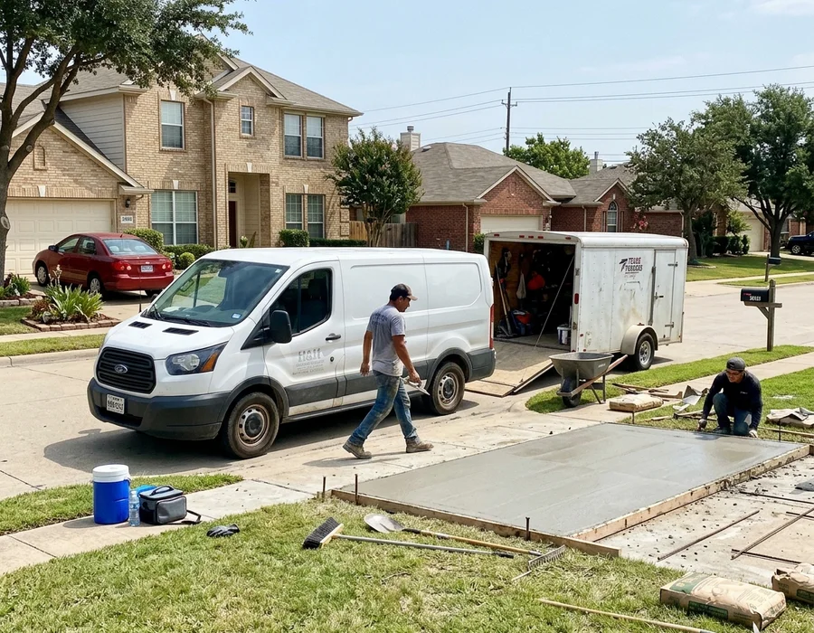 Crew vehicle parked outside a North Texas home during a backyard court build