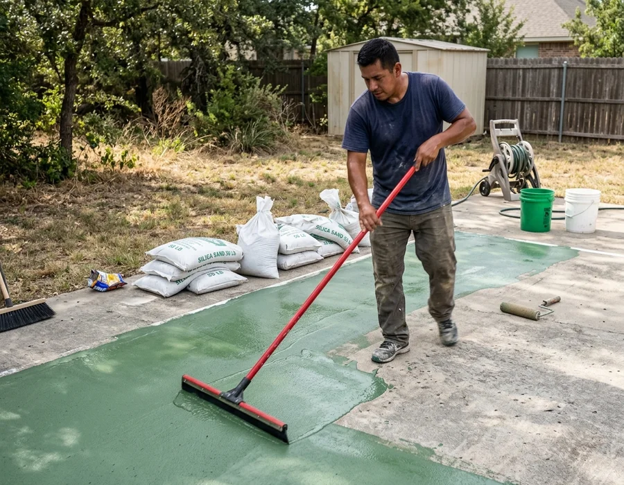 Acrylic resurfacer being spread across a cured tennis court slab
