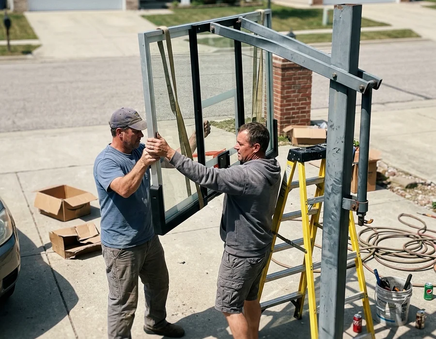 Installers lifting a tempered-glass backboard onto a cantilever arm