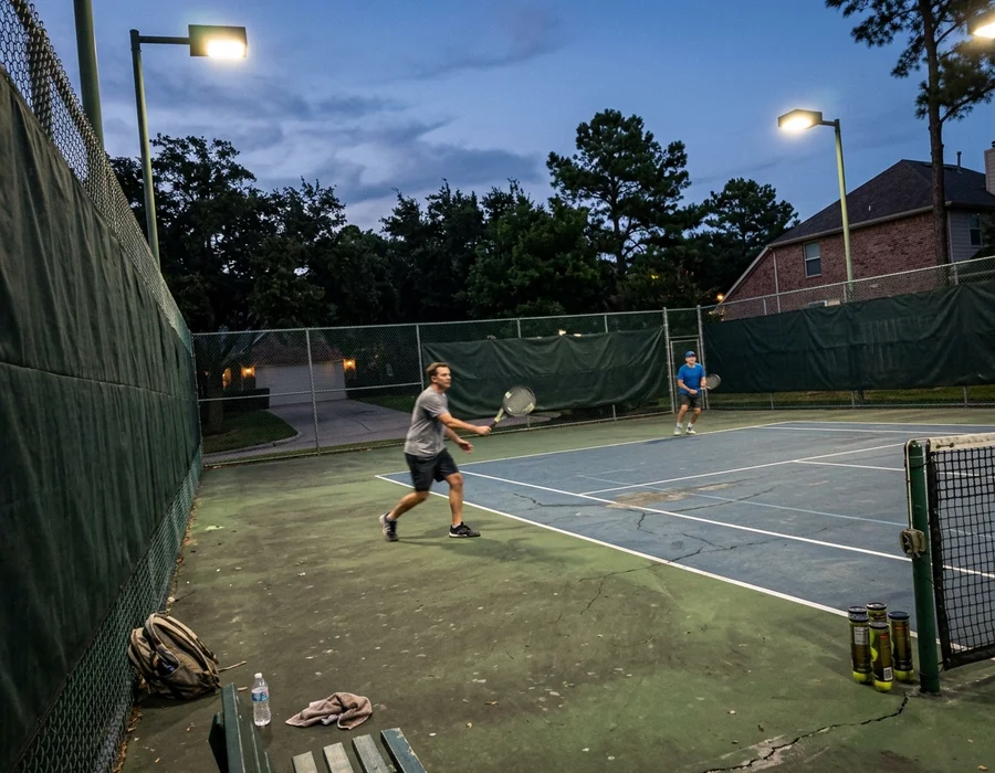 Players rallying on a residential tennis court at dusk under LED lighting