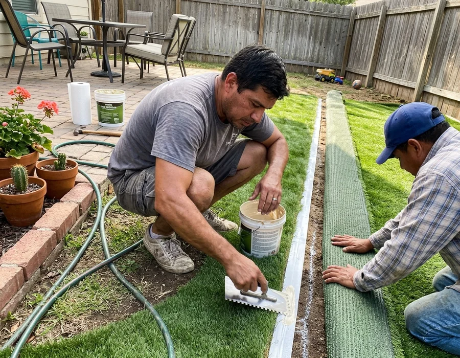 Turf rolls being seamed together with adhesive and seaming tape