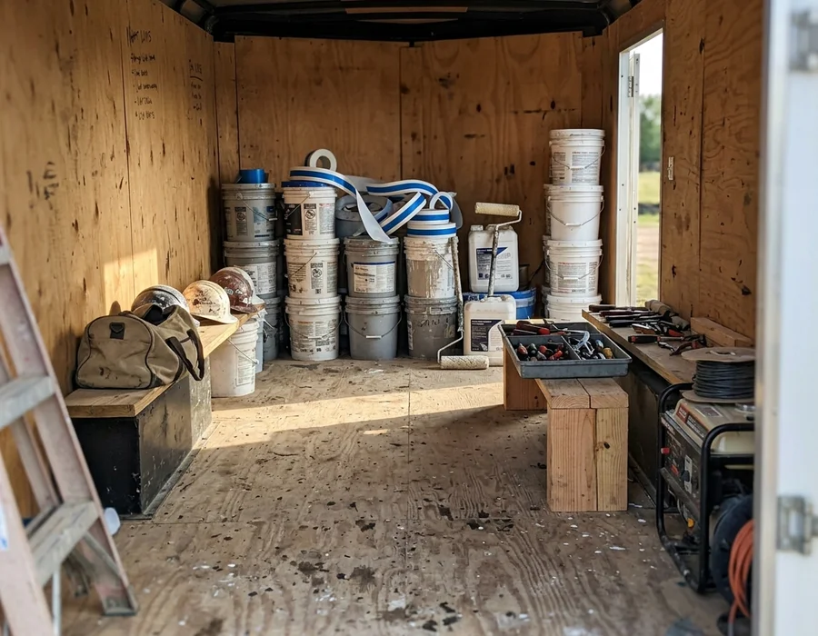 Work trailer interior with acrylic buckets, striping tape and tools