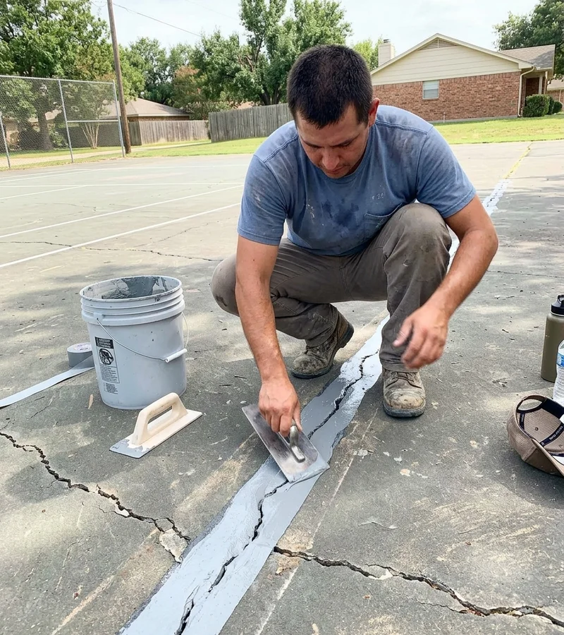 Worker applying crack repair membrane into a split across an old court surface